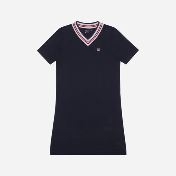 Fila Line V-Neck Women's Dresses - Navy,NZ 654-59016